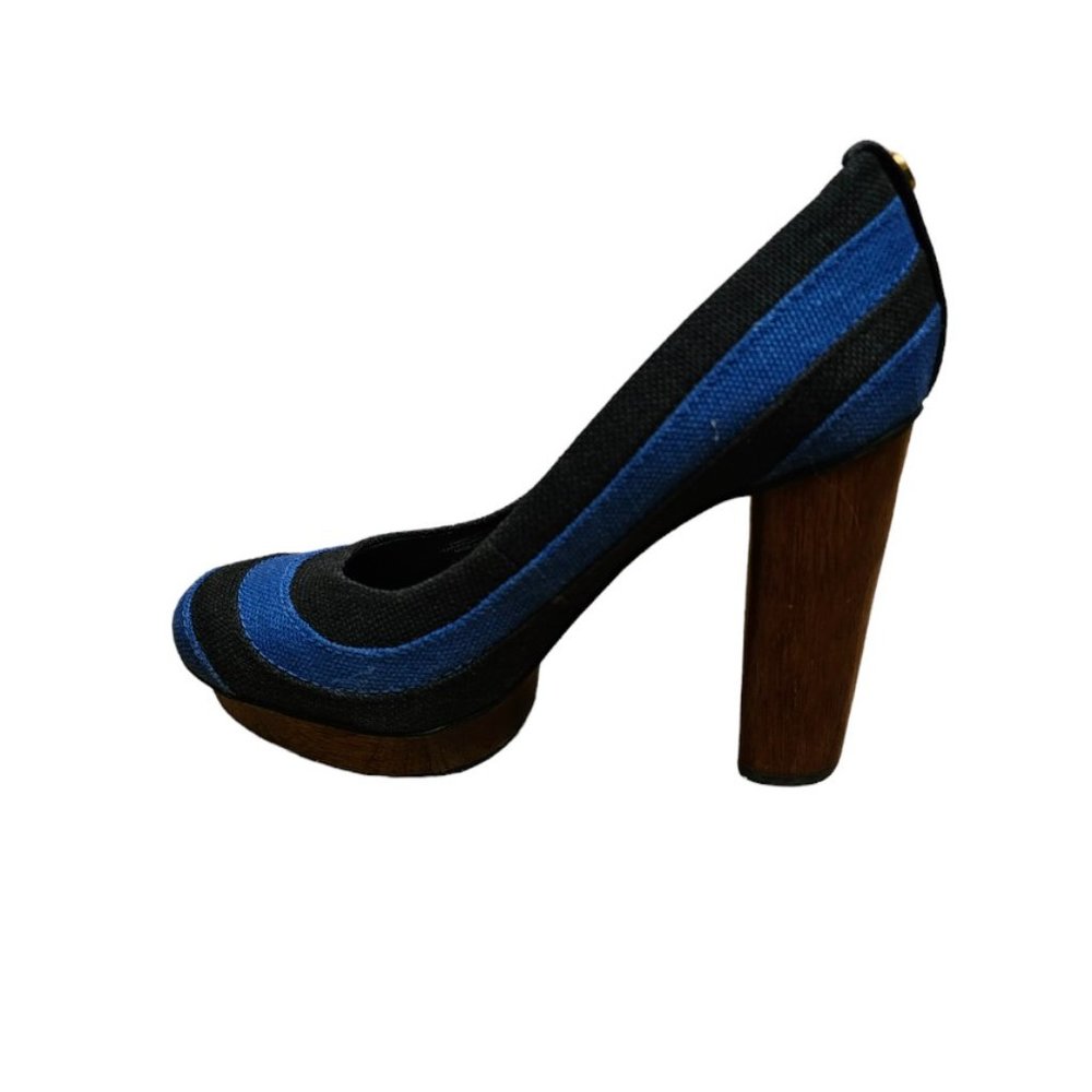 Tory Burch Joelle Chunky Blue  Stripe Closed  Platform Heels  Size 7.5M